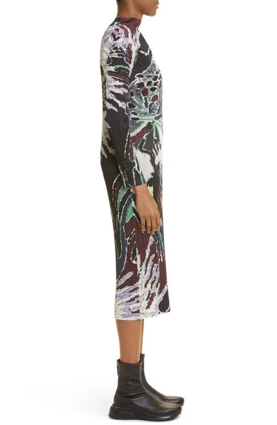 Shop Issey Miyake Frosty Forest Print Pleated Long Sleeve Midi Dress In Black