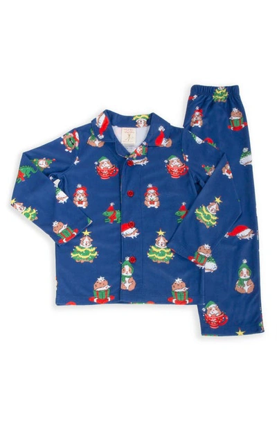 Shop Munki Munki Kids' Holiday Critter Print Two-piece Pajamas In Navy