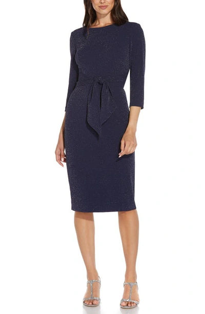 Shop Adrianna Papell Metallic Tie Front Sheath Dress In Light Navy