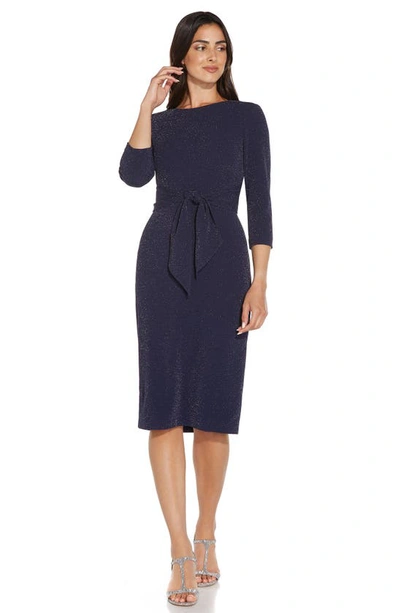 Shop Adrianna Papell Metallic Tie Front Sheath Dress In Light Navy