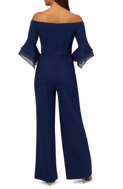 Shop Adrianna Papell Off The Shoulder Wide Leg Organza Crepe Jumpsuit In Navy Sateen