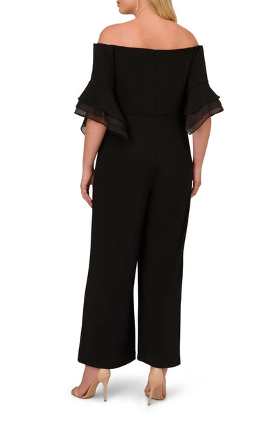 Shop Adrianna Papell Off The Shoulder Wide Leg Organza Crepe Jumpsuit In Black