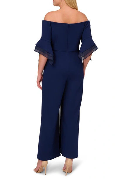 Shop Adrianna Papell Off The Shoulder Wide Leg Organza Crepe Jumpsuit In Navy Sateen