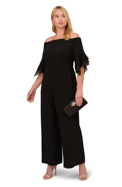 Shop Adrianna Papell Off The Shoulder Wide Leg Organza Crepe Jumpsuit In Black