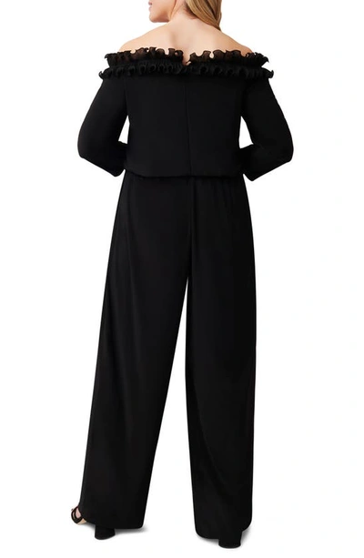Shop Adrianna Papell Ruffled Off The Shoulder Long Sleeve Jumpsuit In Black