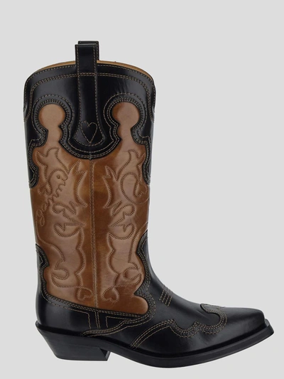 Shop Ganni Embroidered Western Boots In Tigerseye