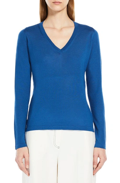 Shop Max Mara Cavour V-neck Virgin Wool Sweater In Cornflower Blue