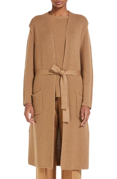 Shop Max Mara Mirca Long Sleeveless Wool Cardigan In Camel