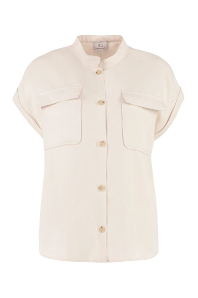 Shop Woolrich Short Sleeve Linen Blend Shirt In Panna
