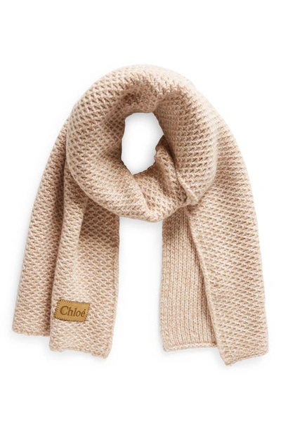 Chloé Logo-patch Chunky-knit Scarf In Beige - Pink 1 96e