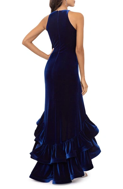 Betsy & Adam Tiered Ruffle High-low Velvet Gown In Navy