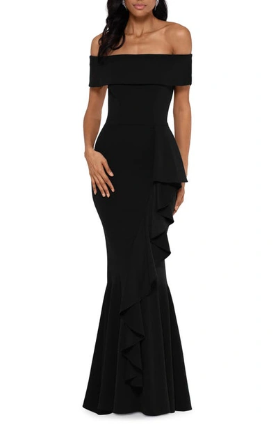 Shop Betsy & Adam Cascade Ruffle Off The Shoulder Mermaid Gown In Black