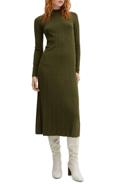 Shop Mango Rib Mock Neck Long Sleeve Sweater Dress In Khaki