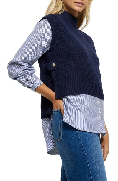 River Island Mixed Media Layered Sweater In Navy