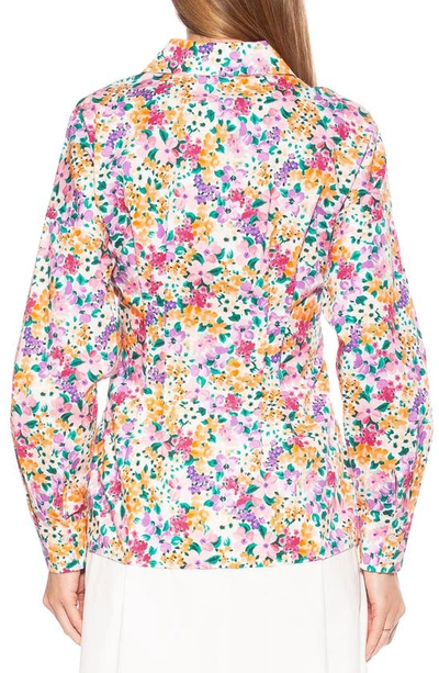 Alexia Admor Calliope Fitted Long Sleeve Button-up Shirt In White/ Purple Floral Multi