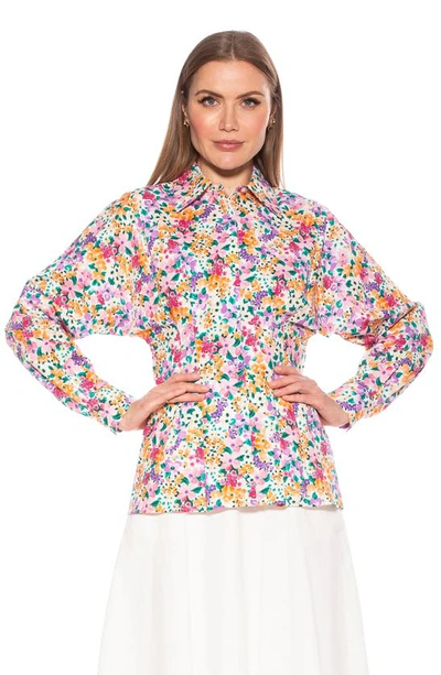 Shop Alexia Admor Calliope Fitted Long Sleeve Button-up Shirt In White/ Purple Floral Multi
