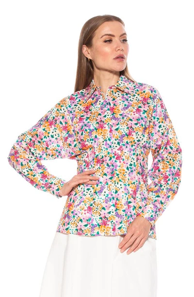 Alexia Admor Calliope Fitted Long Sleeve Button-up Shirt In White/ Purple Floral Multi