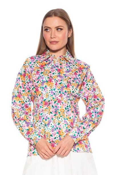 Alexia Admor Calliope Fitted Long Sleeve Button-up Shirt In White/ Purple Floral Multi