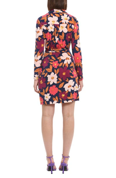 Shop Donna Morgan Floral Long Sleeve Matte Jersey Shirtdress In Navy/ Coral