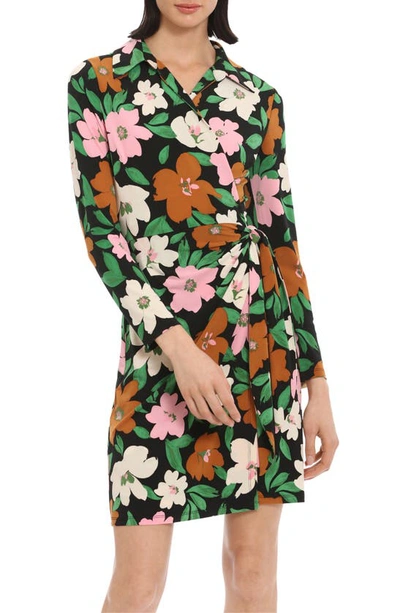 Shop Donna Morgan Floral Long Sleeve Matte Jersey Shirtdress In Black/ Pink