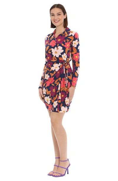 Shop Donna Morgan Floral Long Sleeve Matte Jersey Shirtdress In Navy/ Coral