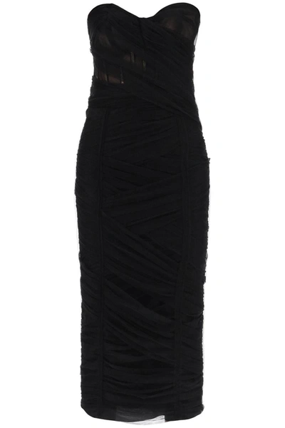 Shop Dolce & Gabbana Midi Bustier Dress In Draped Tulle In Black