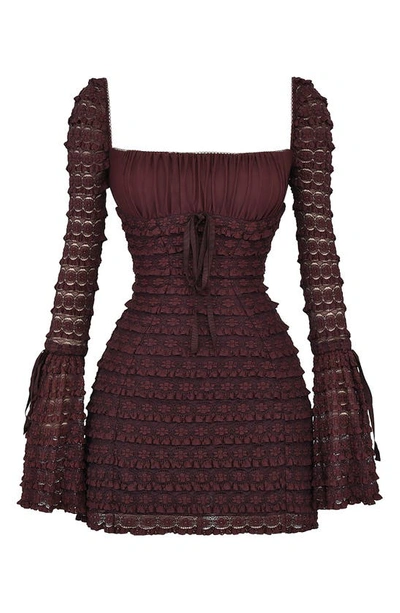 House Of Cb Marisa Ruffle Long Sleeve Tiered Minidress In Rich Brown