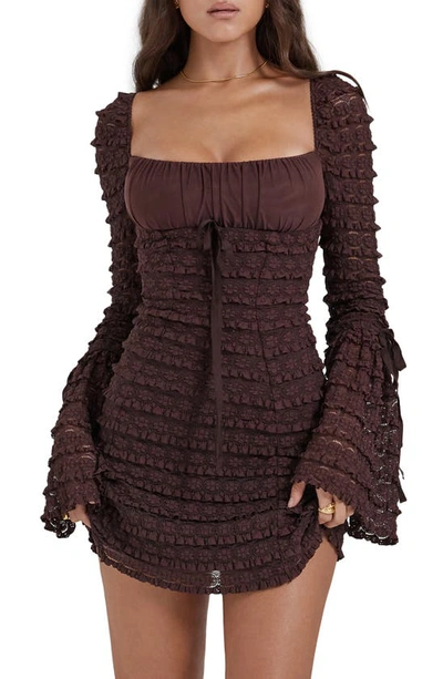 House Of Cb Marisa Ruffle Long Sleeve Tiered Minidress In Rich Brown