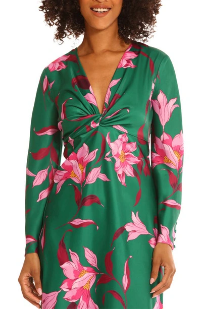 Shop Maggy London Floral Twisted Empire Waist Midi Dress In Emerald Green/ Pink Blossom