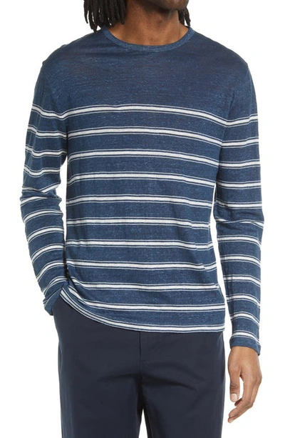 Shop Vince Stripe Crewneck Linen Sweater In Brisk Blue/ Optic White