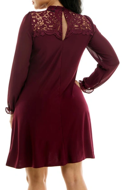 Nina Leonard Lace Yoke Long Sleeve Trapeze Dress In Deep Wine