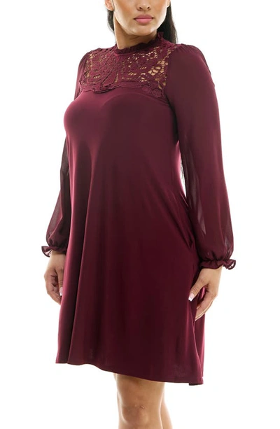 Nina Leonard Lace Yoke Long Sleeve Trapeze Dress In Deep Wine