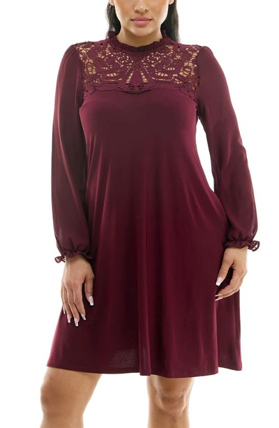 Nina Leonard Lace Yoke Long Sleeve Trapeze Dress In Deep Wine