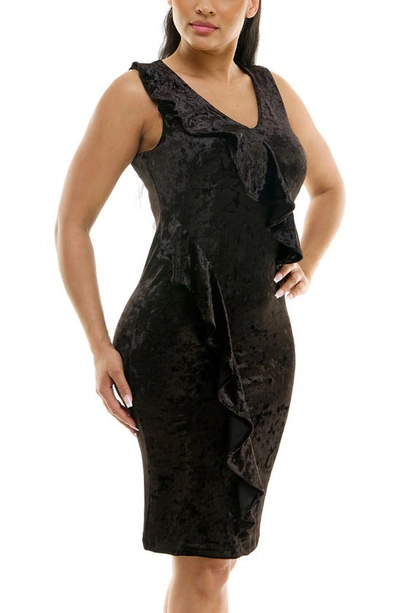 Nina Leonard Ruffle Sleeveless Crushed Velvet Sheath Dress In Black