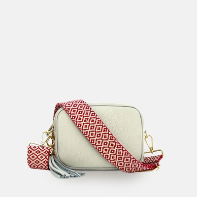 Shop Apatchy London Light Grey Leather Crossbody Bag With Red Cross-stitch Strap In White