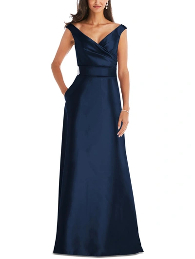 Shop Alfred Sung Womens Satin Off The Shoulder Evening Dress In Blue