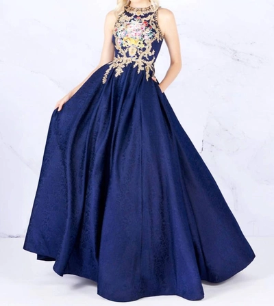 Shop Mac Duggal Boho Ball Gown In Navy In Blue