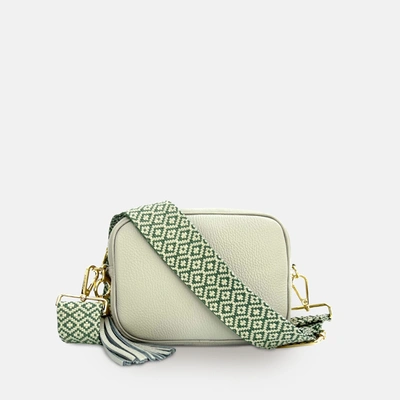 Shop Apatchy London Light Grey Leather Crossbody Bag With Pistachio Cross-stitch Strap In Green