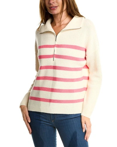 Shop Forte Cashmere Striped Rib Mock Neck Wool & Cashmere-blend 1/2-zip Sweater In White