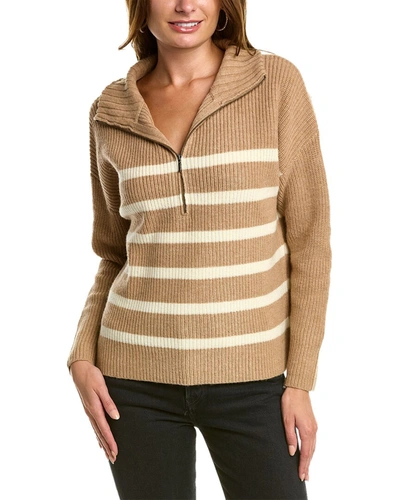 Shop Forte Cashmere Striped Rib Mock Neck Wool & Cashmere-blend 1/2-zip Sweater In Brown