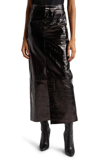 Shop Gestuz Anafee High Waist Croc Embossed Lambskin Leather Midi Skirt In Black