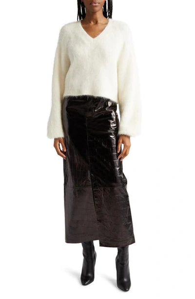 Shop Gestuz Anafee High Waist Croc Embossed Lambskin Leather Midi Skirt In Black