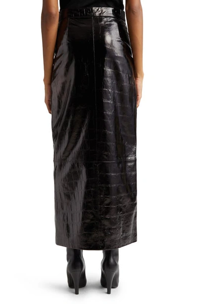 Shop Gestuz Anafee High Waist Croc Embossed Lambskin Leather Midi Skirt In Black