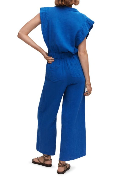 Mango Button Textured Jumpsuit Blue In Blue