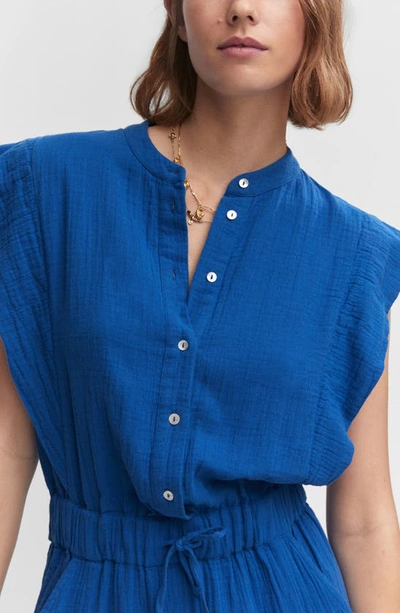 Mango Button Textured Jumpsuit Blue In Blue