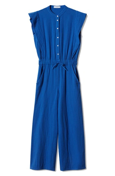 Mango Button Textured Jumpsuit Blue In Blue