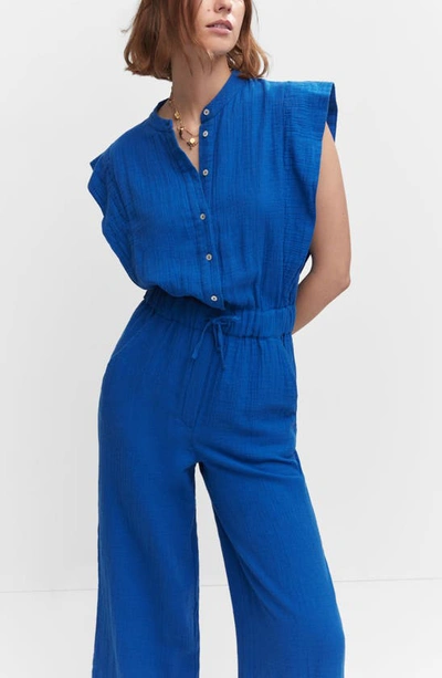 Mango Button Textured Jumpsuit Blue In Blue