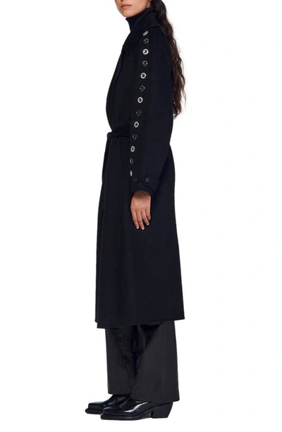 Shop Sandro Daphny Grommet Accent Wool Blend Trench Coat In Black