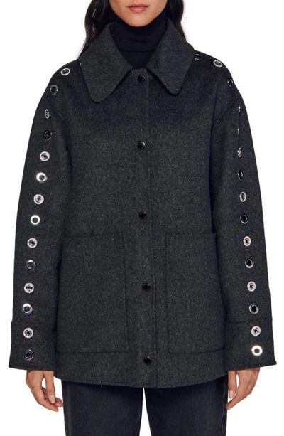 Shop Sandro Eyal Grommet Accent Wool Blend Coat In Dark Grey
