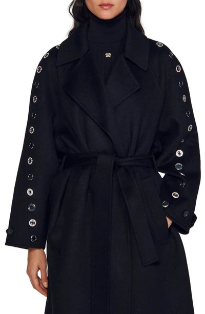 Shop Sandro Daphny Grommet Accent Wool Blend Trench Coat In Black